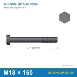 Bu lông thép đen DIN933 M18x150 cấp bền 8.8