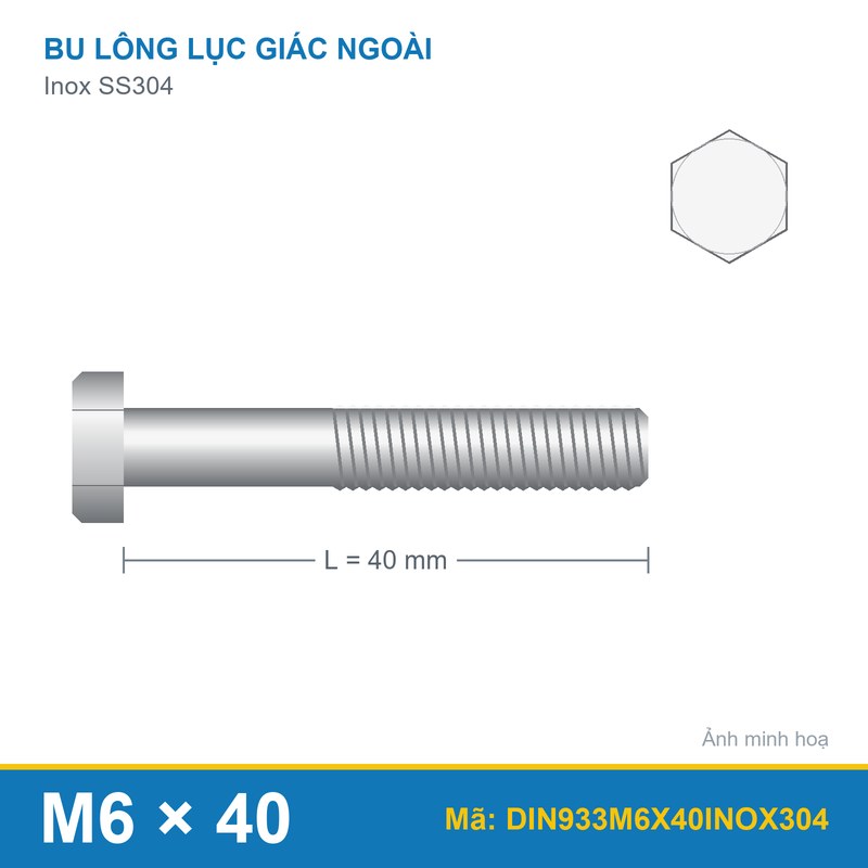 Bu lông Inox 304 M6x40