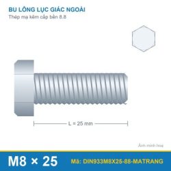 Bu lông thép mạ kẽm trắng DIN933 M8x25 cấp bền 8.8