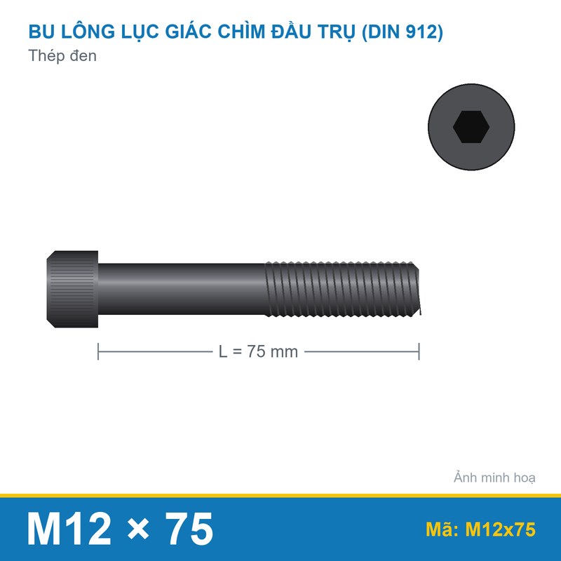 Bu lông lục giác thép 912 M12x75